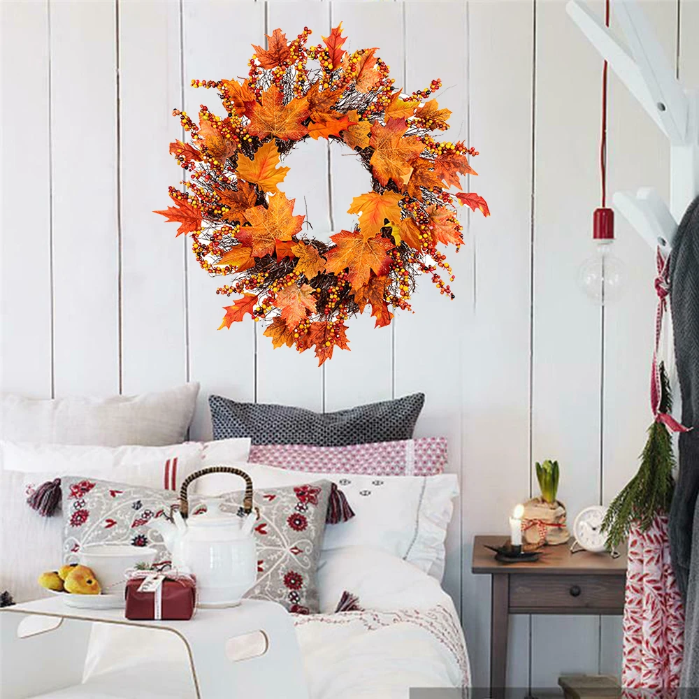 

Autumn Maple Leaf Berry Wreath Thanksgiving Halloween Door Home Decor