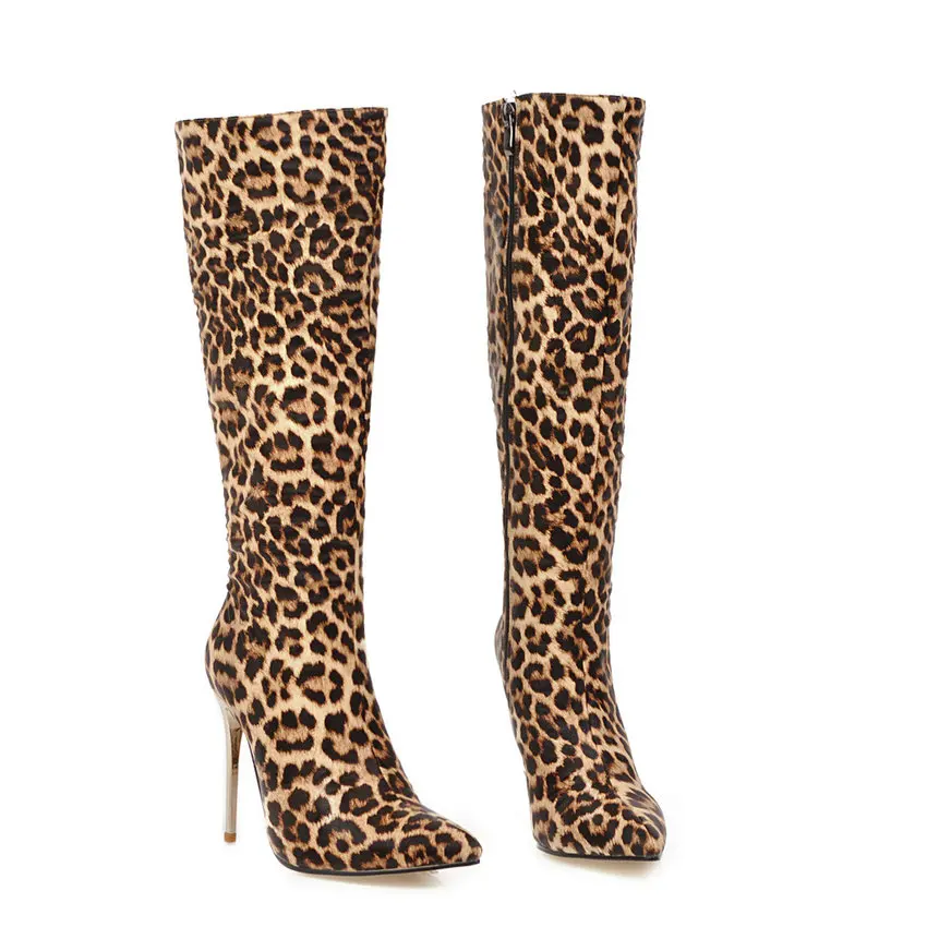 Leopard QUTAA/ г. Модные высокие сапоги из искусственной кожи с леопардовым принтом зимняя женская обувь на молнии на тонком высоком каблуке высокие сапоги до колена размер 34-43 - Цвет: Leopard