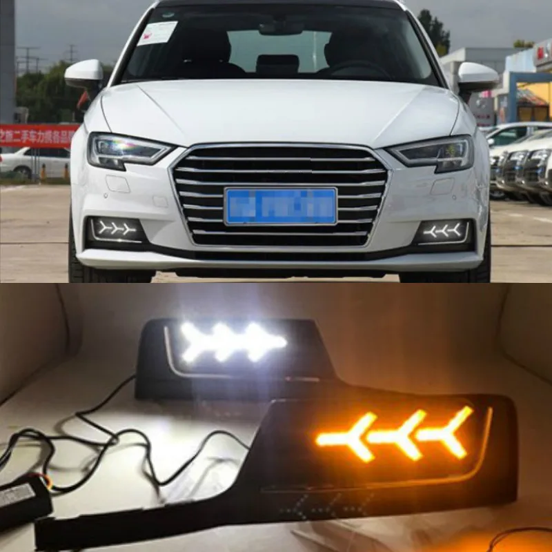 

1 комплект 12V светодиодный DRL Габаритные огни дневного света Противотуманные фары с желтым сигналом поворота для Audi A3 2017-2019