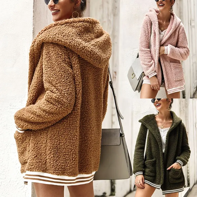 

Women 2019 Autumn Faux Fur Fluffy Fleece Front Open Coat Jacket Big Pockets Hooded Oversized Casual Warm Overcoat