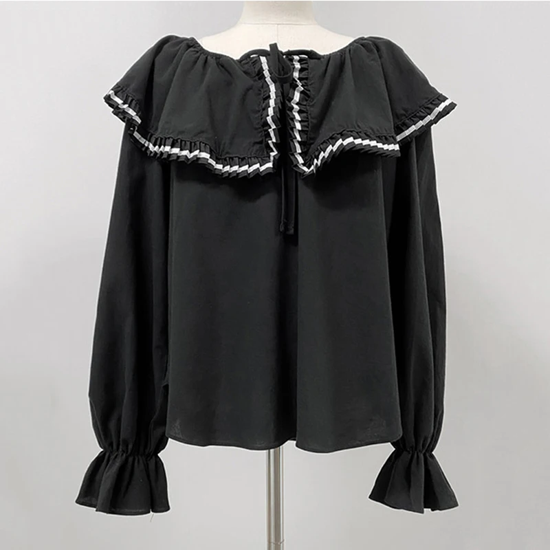 

Sister Fara New Summer 2021 Ruffles Slash Neck Shirt for Women Chic Folds Loose Lantern Sleeve Blouse Office Lady Casual Shirts