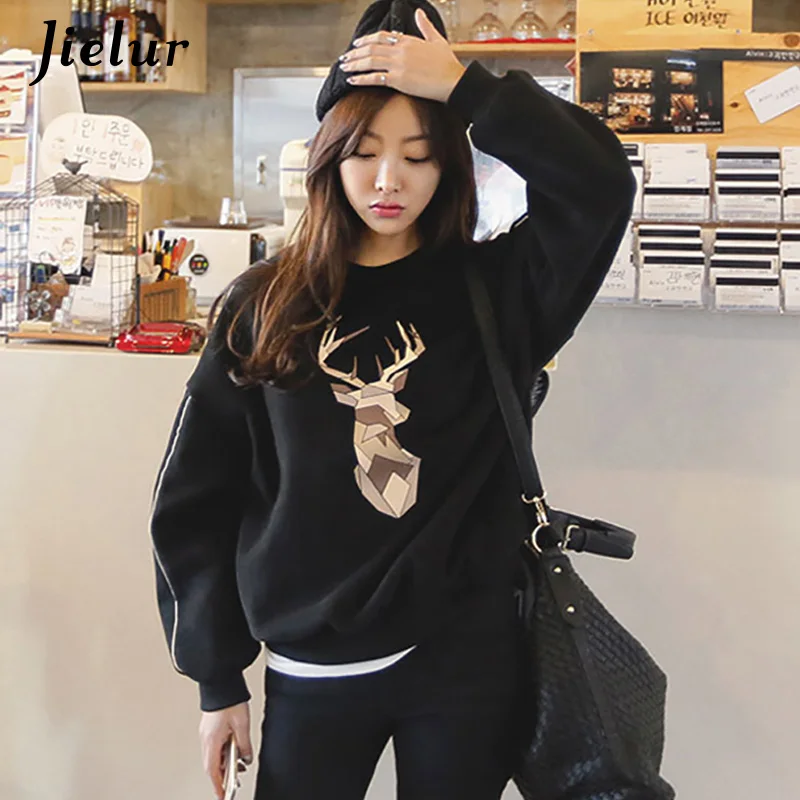 Jielur Harajuku толстовки с капюшоном для женщин толстые Kpop Черный Mujer Свободные Осень Зима Новая мода Chicly колледж Moletom Feminino