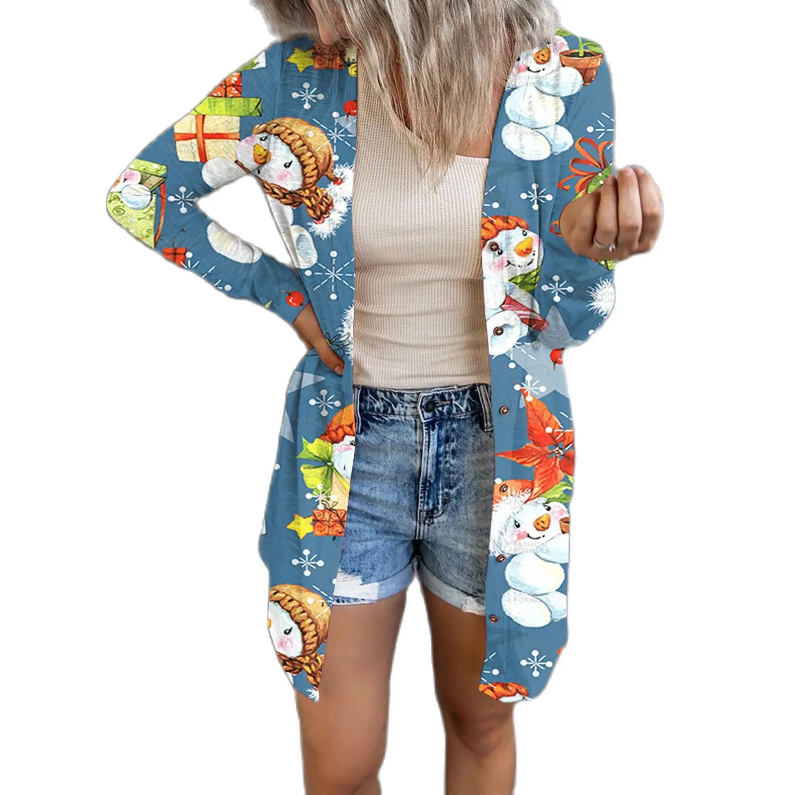 

Женский кардиган с длинным рукавом, повседневный Свободный кардиган с рождественским принтом, длинная Асимметричная одежда на осень