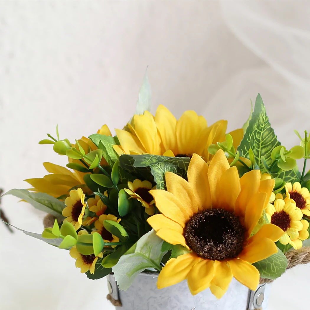 Potted Plants Yellow Silk Sunflower Artificial Flowers Bouquet With Iron Pot For Home Office Party Garden Wedding Decoration | Дом и сад