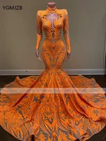 custom prom dresses orange 2022 for black girls mermaid sparkly sequin high neck long sleeve african women evening gala gowns