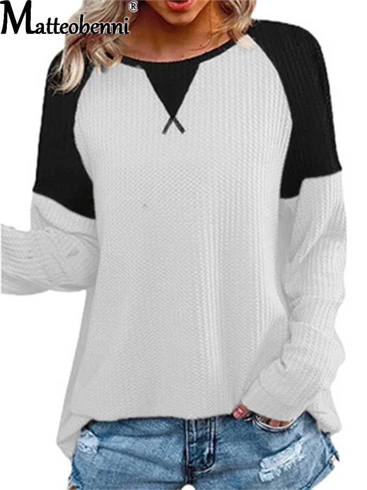 

2021 Winter Loose Waffle T-Shirt Ladies Stitching Raglan Sleeve O Neck Long Sleeve Shirt Tops New Casual Fashion Women Clothing