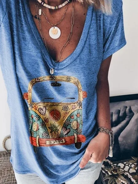 

Big Size Summer Woman T-shirt Loose V Neck Short Sleeve Cars Printed Tshirts Female Plus Size Women Clothing Large Size Tops
