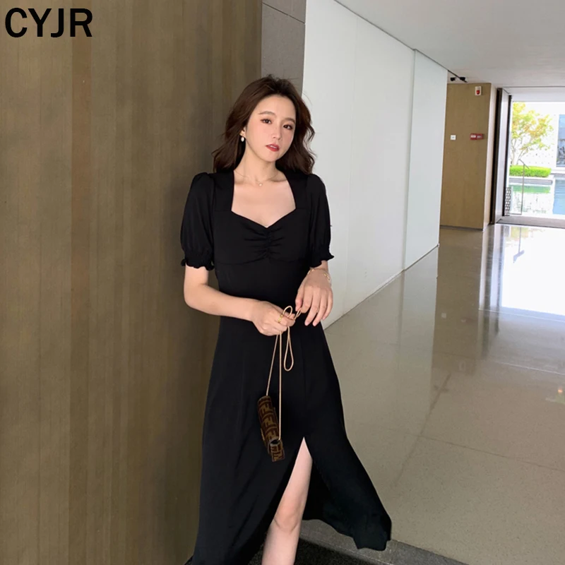 

Retro 2021 Waist Waist Long Temperament Dress Goddess Slim Sexy Side Slit French Chiffon Little Black Dress