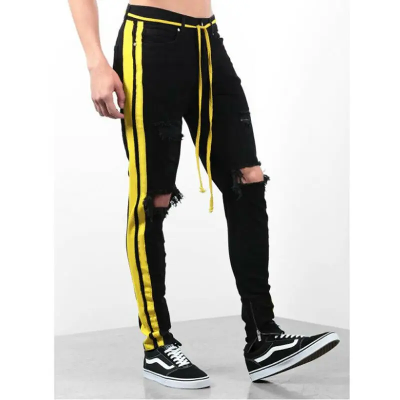 Men soft Pants Yellow striped rope Slim Jeans Stretch Frayed Destroyed Ripped Skinny Denim Trousers Biker Pantalon Homme | Мужская