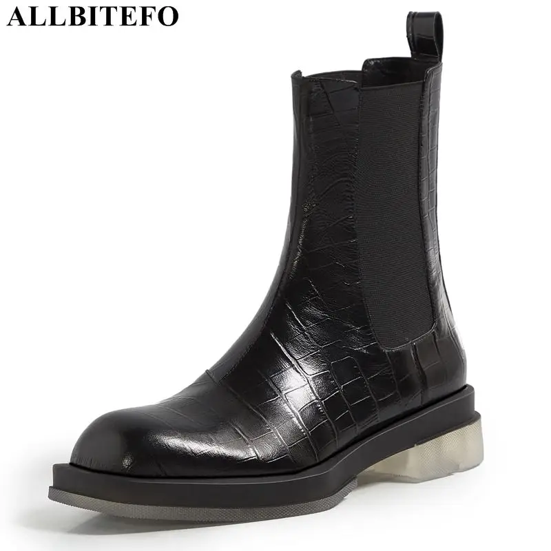

ALLBITEFO new arrive genuine leather low-heeled woemn boots brand high heels ankle boots for women autumn office ladies shoes