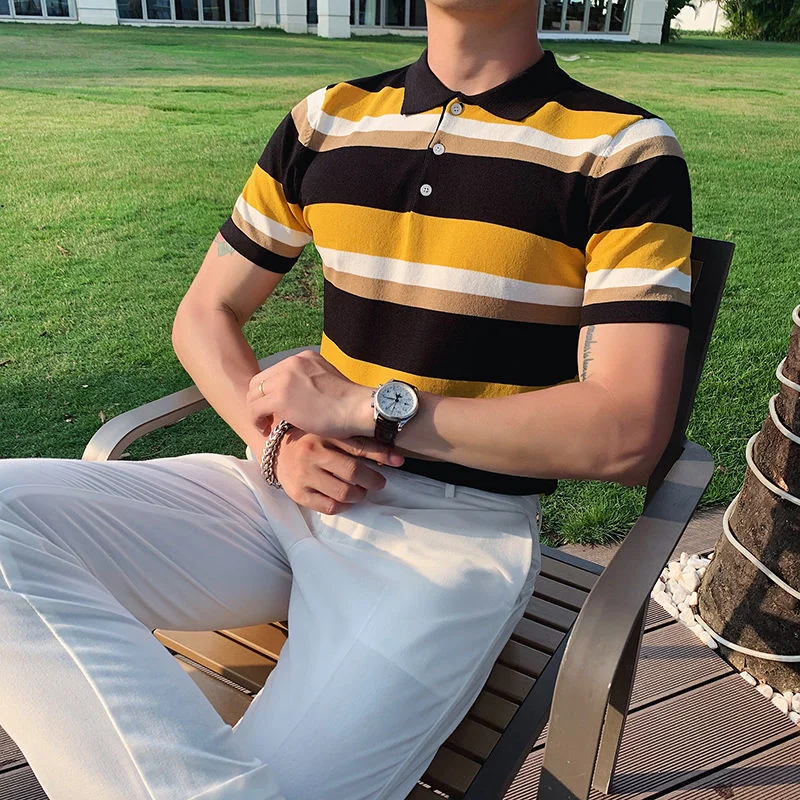 

Рубашка-поло мужская Трикотажная, брендовая полосатая с короткими рукавами, цветная простая в стиле пэчворк, лето