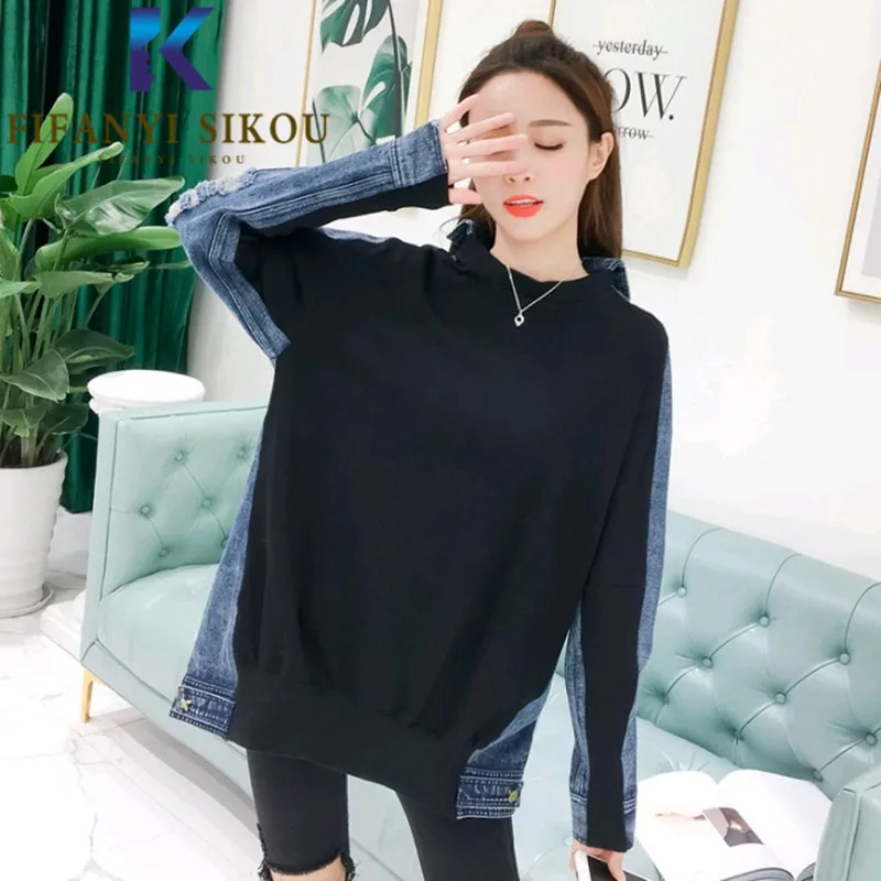 

Denim Spliced Hoodies Women Autumn Sweatshirt O-Neck Long Sleeve Fashion Patchwork Pullovers Female Loose Casual Sweatshirts