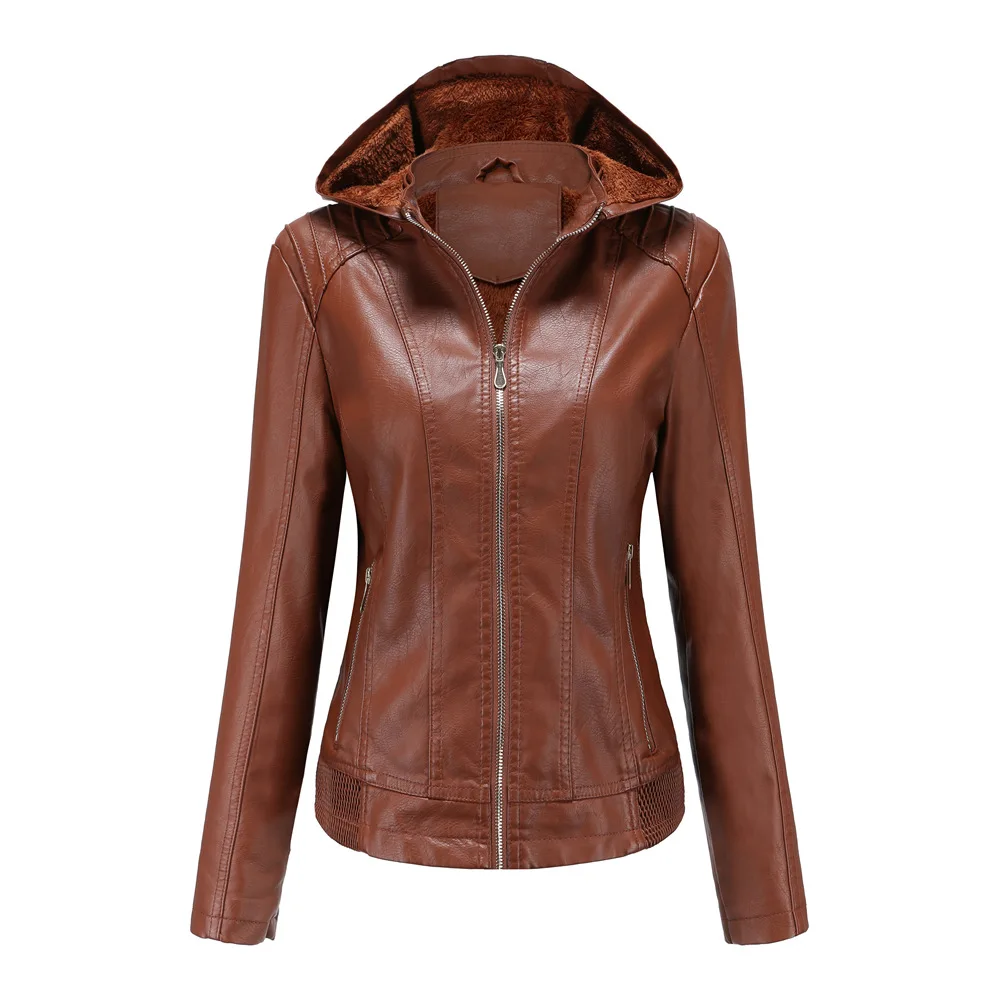 2021 new European and American autumn and winter women's clothing detachable hooded leather coat Plush warm jacket