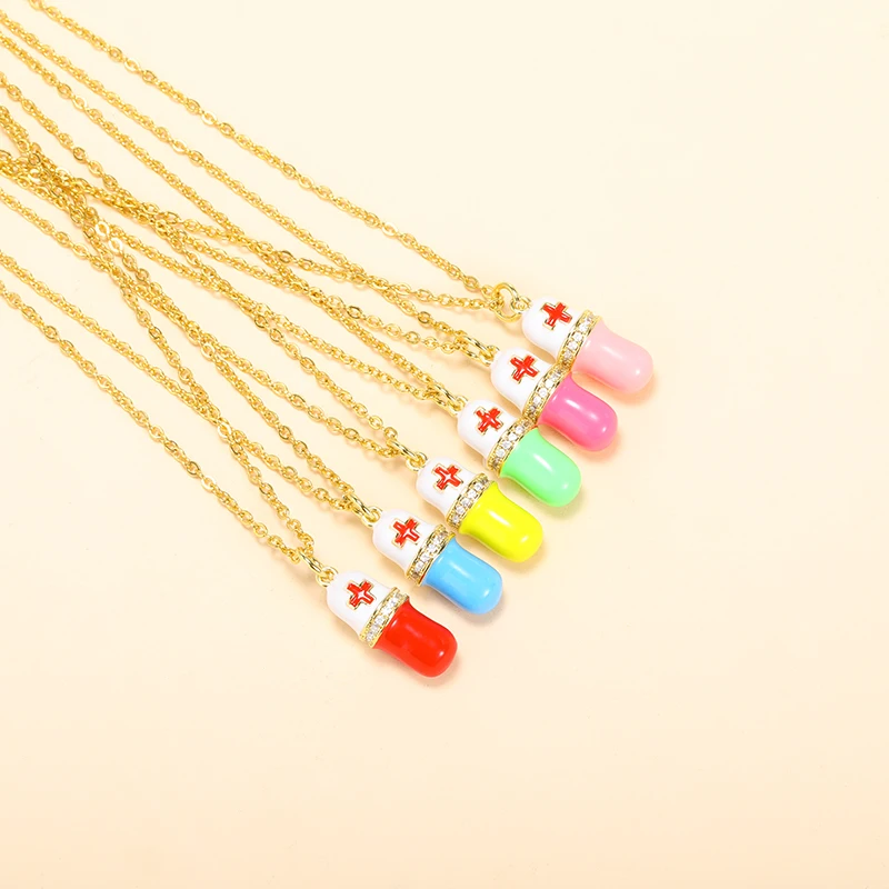 

Delicate Gold Plated Enamel Charm Necklace Color Oil Drip Enamel Pill Capsule Assemble Medicine Keepsake Pendant Necklace