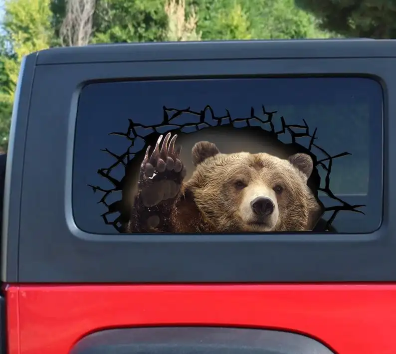 

Grizzly 3D sticker, cracked window decal , brown bear decal