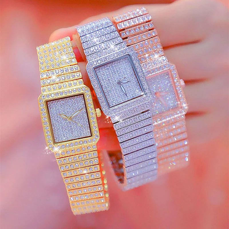 2022 квадратные кварцевые часы женские из розового золота с кристаллами для женщин