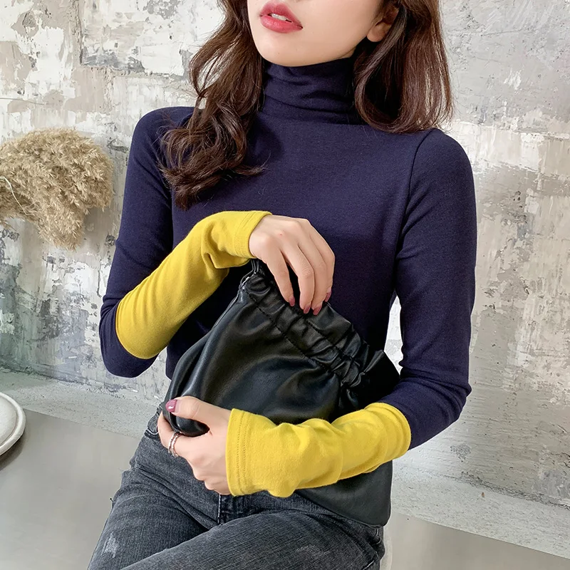 

Abrini Women's 2021 Winter Autumn Long Sleeve Top Sanding Women T-shirt Mulher Camisetas Women Pillovers Solid Patchwork Top