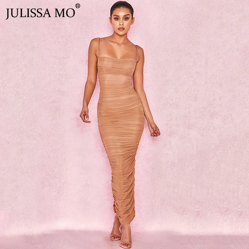 Хаки JULISSA MO 2 слоя сетки белое летнее платье для женщин Спагетти ремни Bodycon Ruched платье без рукавов сексуальные вечерние домашние женские платья XS - Цвет: Хаки