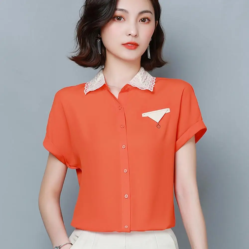 

Блузка женская шифоновая свободного кроя, топ с коротким рукавом, дизайнерская кружевная рубашка с прострочкой, офисная одежда для работы, ...