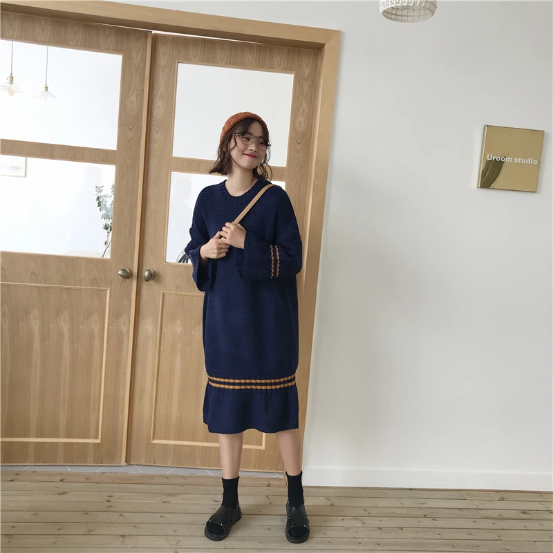 KINOMI Autumn Winter Long Dresses Warm Women Sweater Dress Knitting Loose Sleeve O-Neck Mermaid 2019 New | Женская одежда