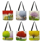 Женская сумка-тоут с цветочным рисунком, эко-льняные сумки для покупок с двойным принтом, школьные дорожные портфели для студентов