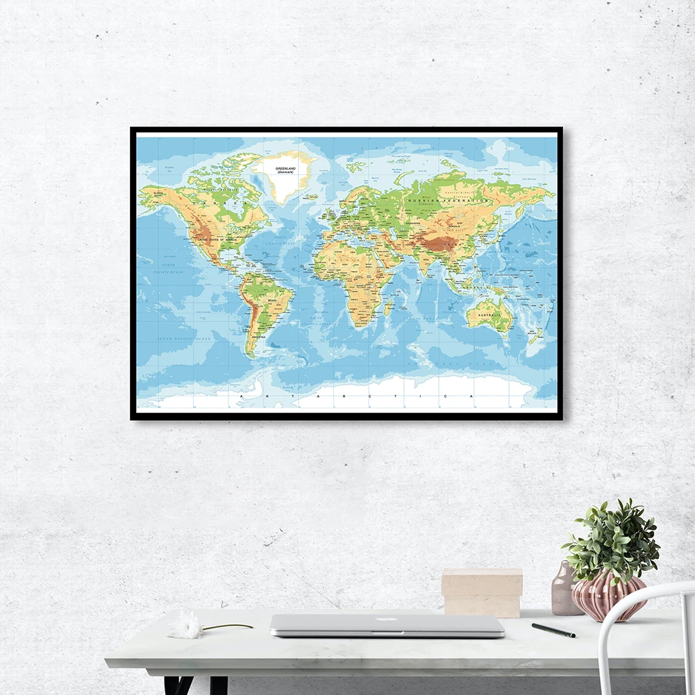 

75*50cm The World Orographic Map Spray Canvas Painting Modern Wall Art Poster School Supplies Living Room Home Decoration