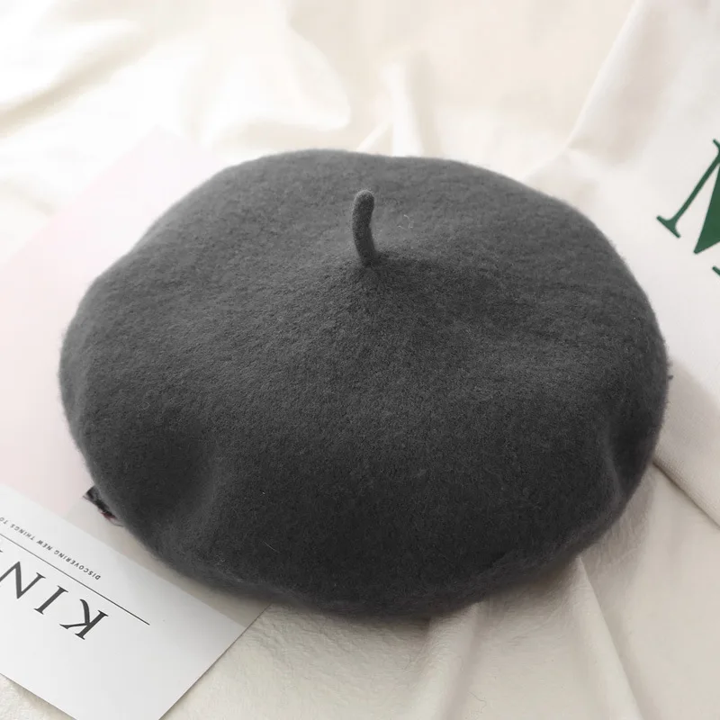 Dark Grey Женский однотонный берет, шерстяная зимняя шапка для Чепчик для девочки, шапка s, теплая прогулочная шапка,, все подходящие шапки - Цвет: Dark Grey