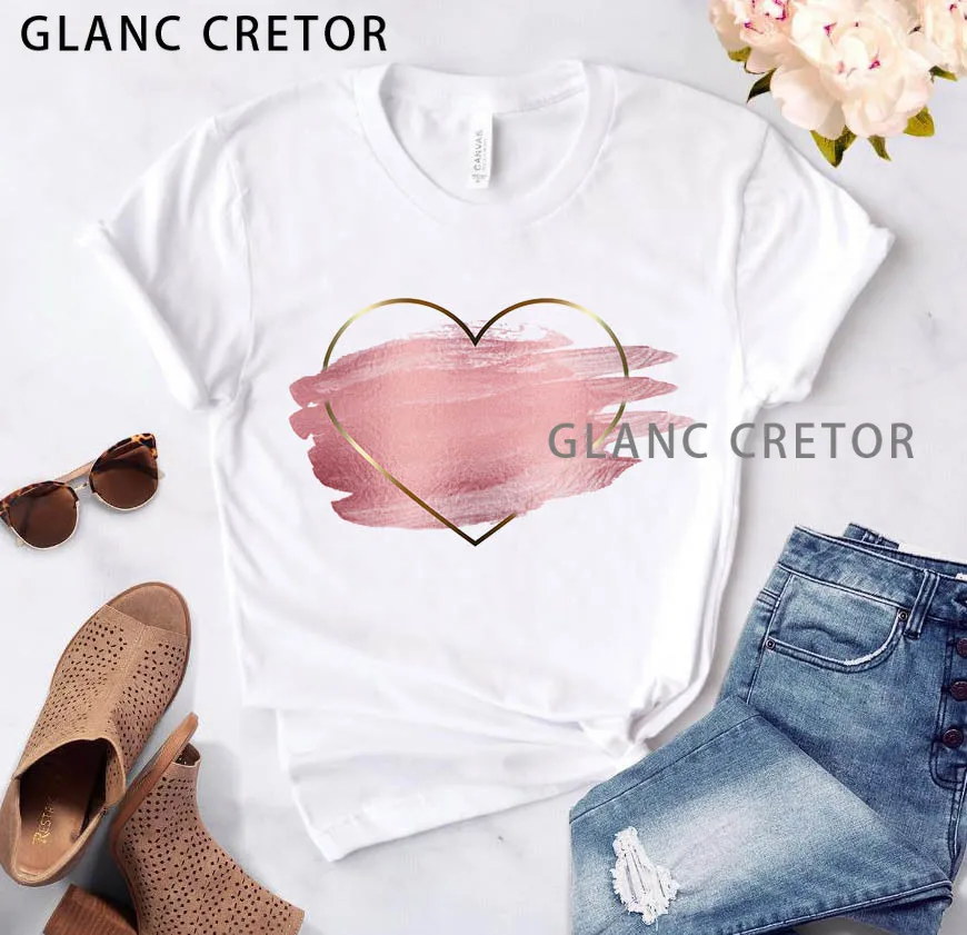 

Casual Summer T-shirt Basic O-neck White Short Sleeve Women's T-shirt Heart Flower Print Women's T-shirt Love Graphics