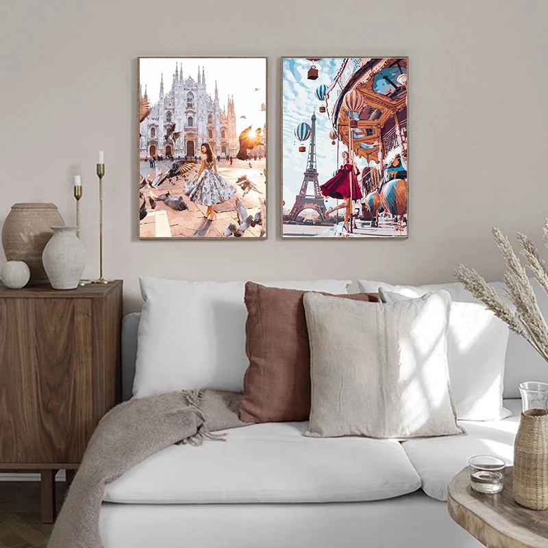 

GATYZTORY 2 PC Oil Painting City Street Landscape Picture 40x50cm Frame Home Decoration Acrylic Pigment Drawing On Canvas Photo