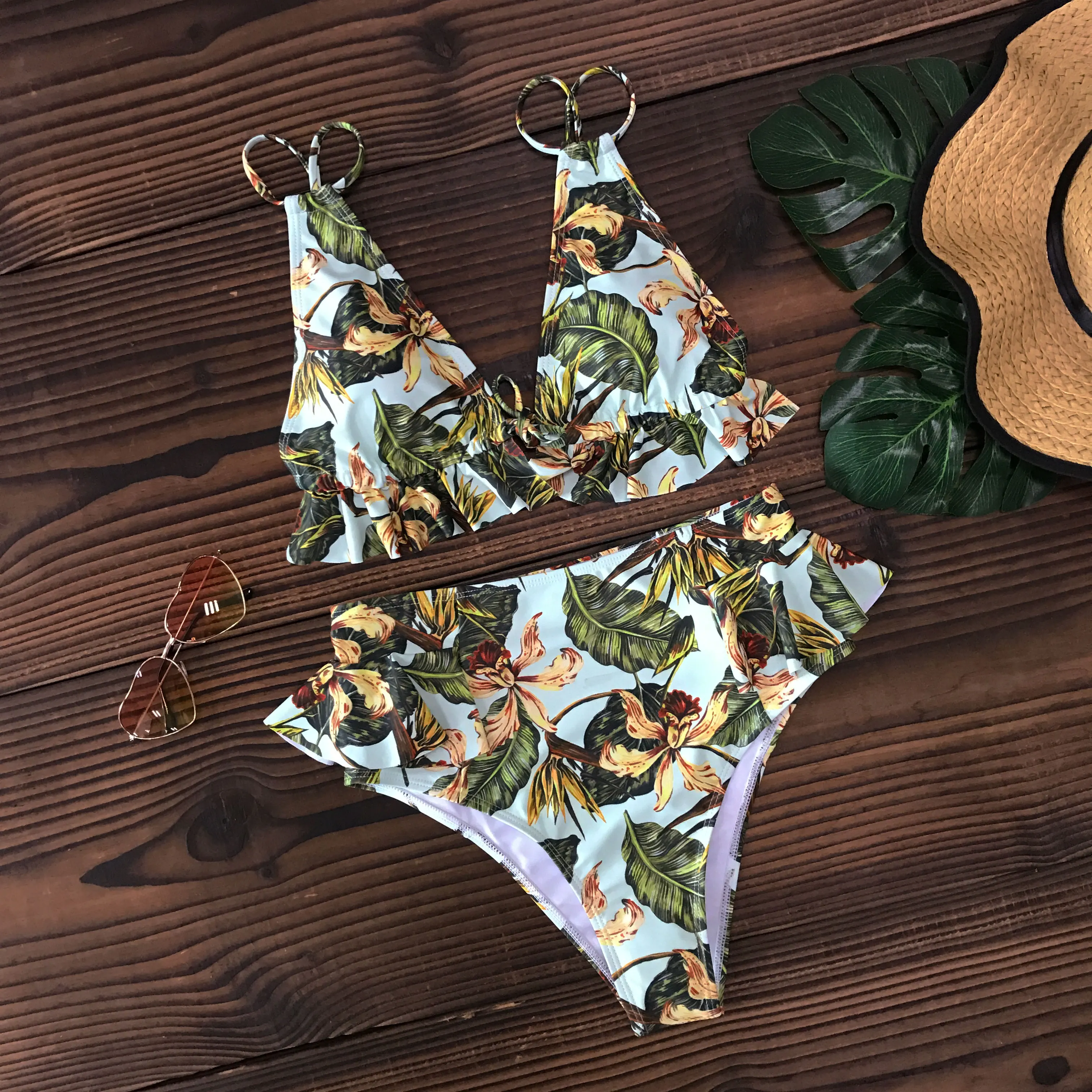 

2021 Print Bikini Women Swimwear Push Up Swimsuit High Waist Biquini Halter Backless Bathing Suit Ruffle Beach Wear Summer
