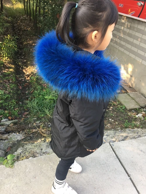 Black Royal Blue Детская куртка-пуховик на утином пуху до 30 градусов зимнее пальто для мальчиков и девочек куртка с капюшоном из меха енота верхняя одежда для девочек, пуховая парка От 4 до 12 лет, TZ430 - Цвет: Black Royal Blue