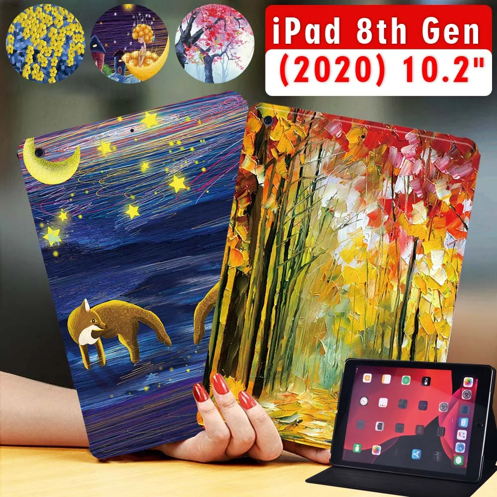 

Tablets Case for Apple IPad 2020 8th 10.2" Oil Painting Print Series Pattern PU Leather Tablet Stand Cover Case + free stylus