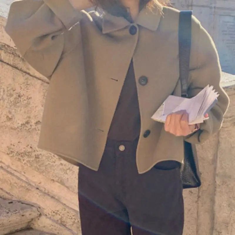 

2021 Spring Wool & Blends Korean Vintage Lapel Loose Khaki Long-Sleeved Woolen Coat Women Short Jacket Traf Veste Femme Top