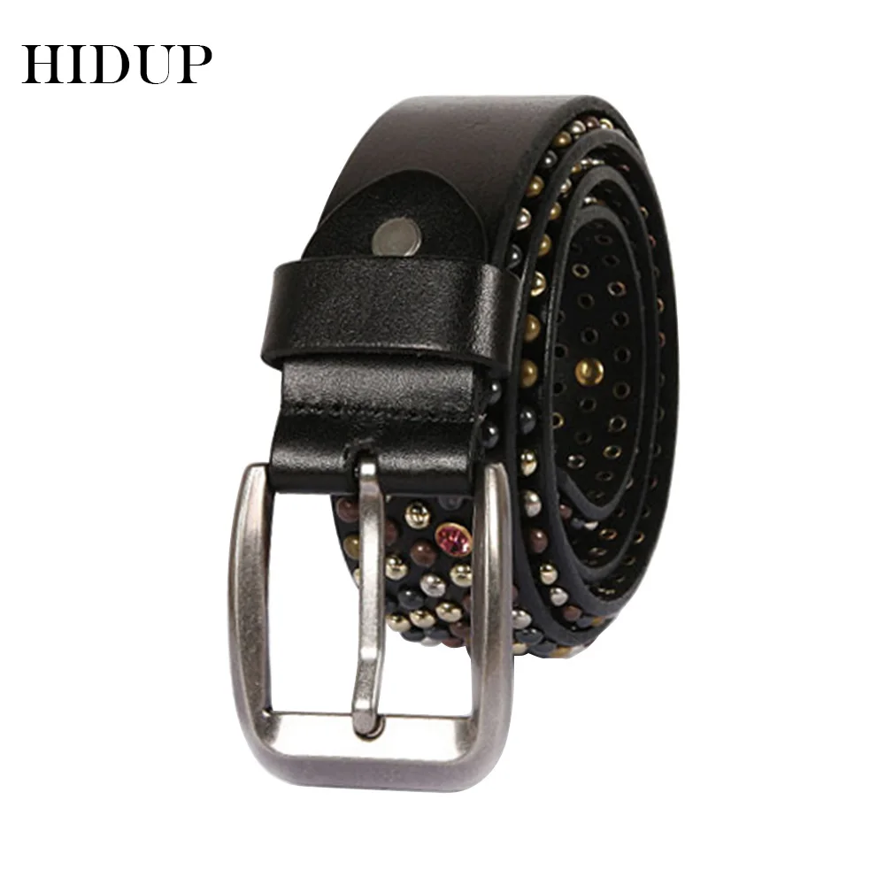 HIDUP Top Quality Cow Skin Leather Fashion Rivet Nails Belts Unique Design Pin Buckle Metal Belt for Unisex Accessories NWJ540