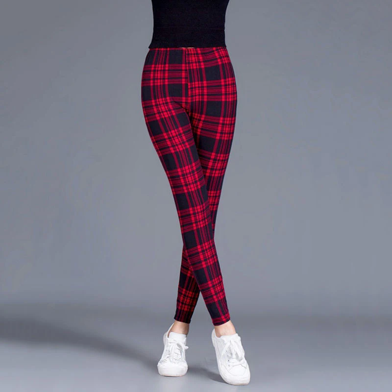 

CUHAKCI Female Fitness Leggings Women Print Plaid Leggings Lady Sexy Slim Pencil Pants Push Up Elastic Waist Plus Size Trousers