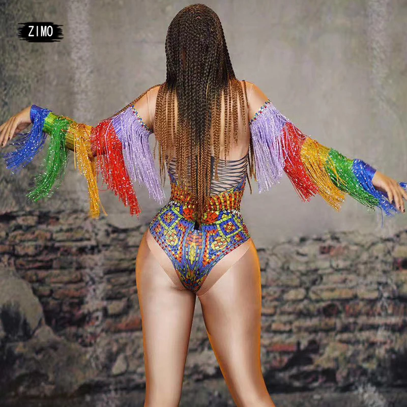 rhinestone Multi-color fringe one piece bodysuit women sexy crystals leotard dance costume tassel dj party wears festival outfit