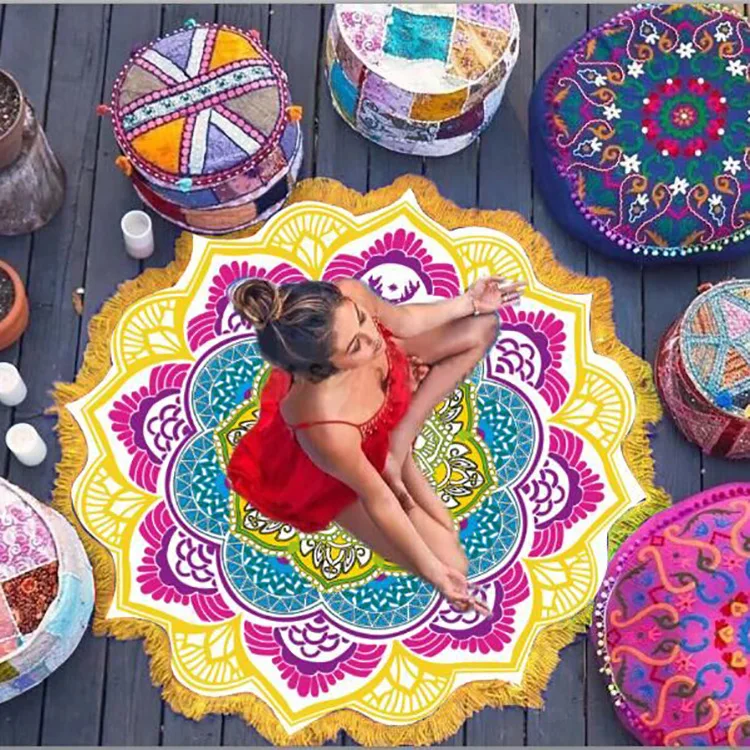 

Yoga Mat Chakra Beach Towel Tassel Toalla Mandala Tapestry Sunblock Round Cover-Up Bath Towel Lotus Bohemian 150cm
