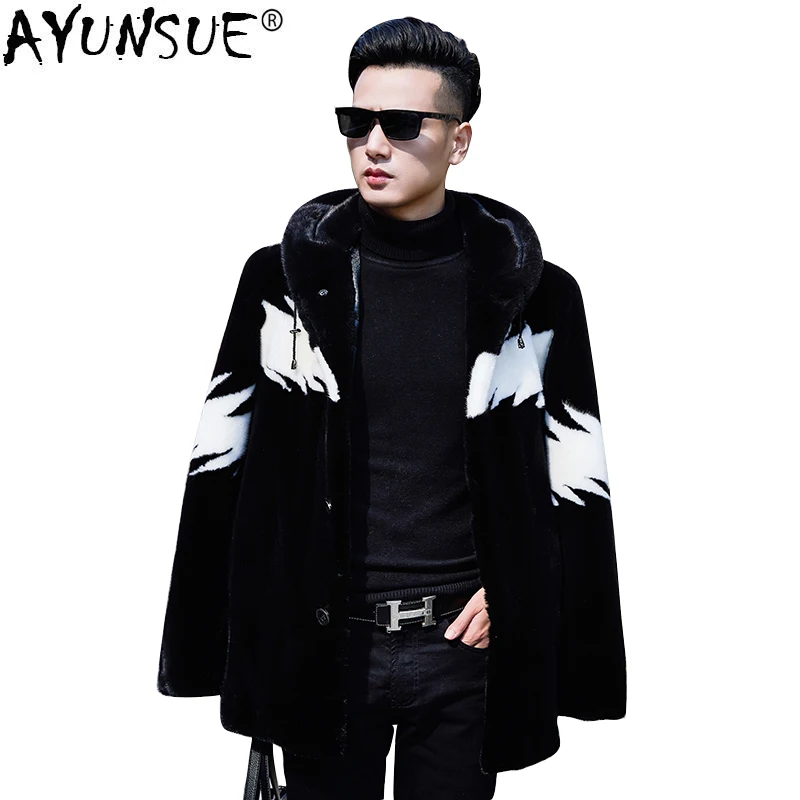 

AYUNSUE Natural Mink Fur Coat Men Winter Jacket Hooded Real Fur Coat Fashion Warm Luxury Mens Mink Jackets 2020 KJ3309