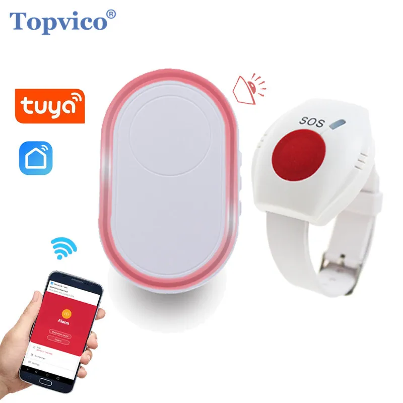Topvico WIFI Panic Button for Elderly Alarm RF 433mhz SOS Bracelet Emergency Wireless Watch Call Old People Android IOS APP english talking watch for blind people or visually impaired people or the elderly with alarm of quartz white dial black numbers