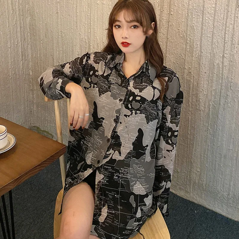

Map Shirt Design Sense Niche Retro Hong Kong Style Long Sleeve Women Loose Early Autumn Blouses Top 2021