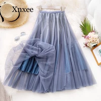 maxi skirt women 2020 spring summer korean ladies blue black gradient high waist long pleated skirt female kawaii cut candy