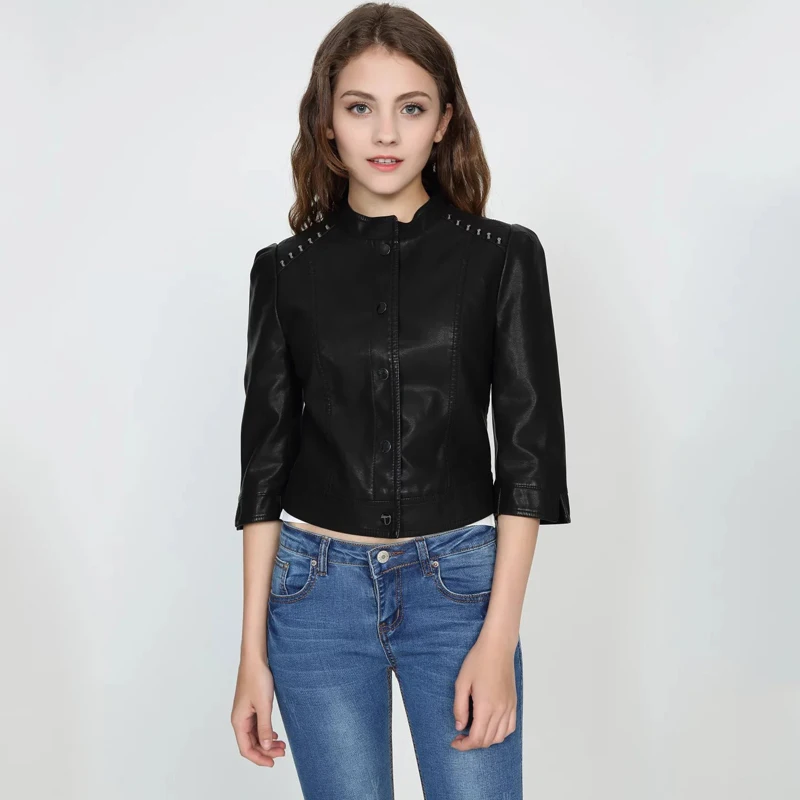 Куртка женская из искусственной кожи с заклепками на осень/зиму|Кожаные куртки| |