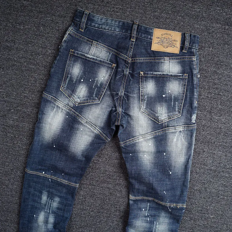 European Street Style Fashion Men Jeans Retro Blue Elastic Slim Fit Ripped Jeans Spliced Designer Hip Hop Denim Punk Biker Pants