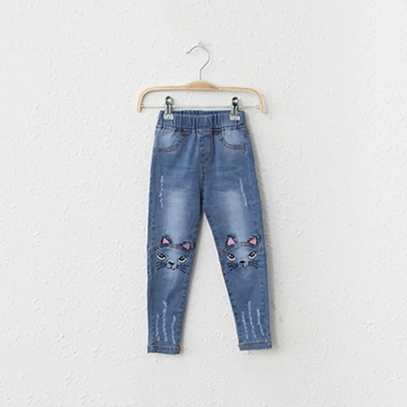 Menoea/ г. Джинсы для девочек с рисунком кота длинные штаны на коленях детские узкие леггинсы светильник, синий, От 3 до 7 лет, Pantalon Fillette - Цвет: AZ642