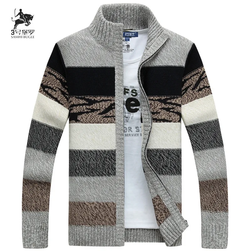 Мужской новый осенне зимний полосатый коммерческий Повседневный Кардиган с
