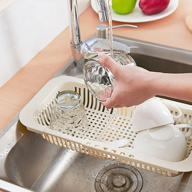 

Adjustable Over Sink Dish Drying Rack Drainer Plastic Vegetables Fruit Basket Holder Kitchen Utensil