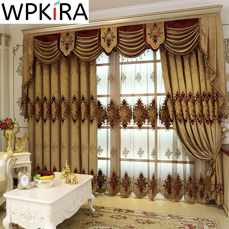

European Palace Golden Embroidery Chenille Curtains for Living Room Bedroom Villa Luxury Brown Blackout Window Drapes Valance