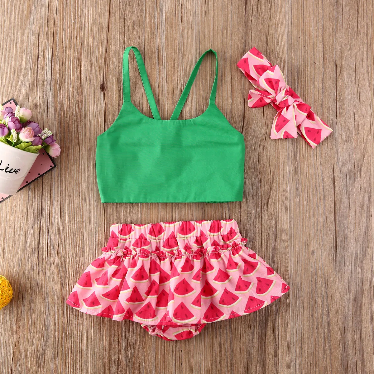 Three Piece Suit for Kids Sleeveless Strappy Top Pants Set with Headband Casual Cute Girls Watermelon Colthes | Детская одежда и