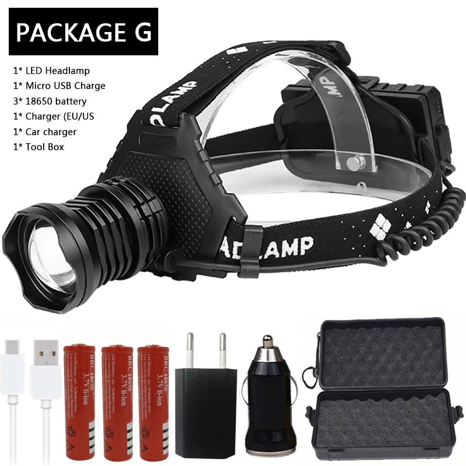 Package G Z90+ 2064 XHP70.2 светодиодный налобный фонарь самый мощный 32 Вт Головной фонарь zoom power bank 7800 мАч 18650 батарея - Испускаемый цвет: Package G