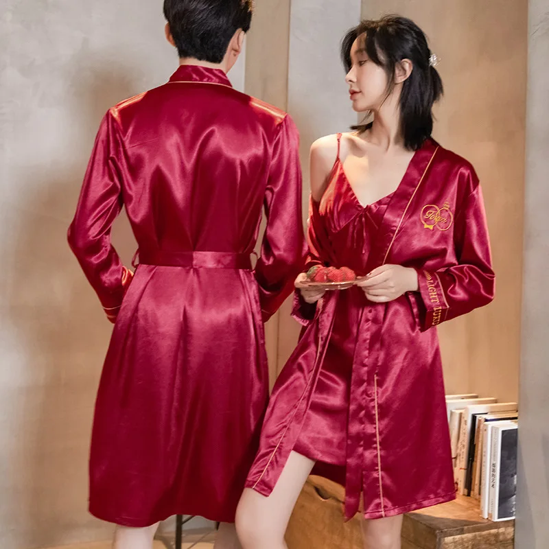 Extra Large Black 2pcs Robe Suit Sleepwear Male Silk Champagne Dressing Gown Robe Lovers Mens Satin Bathrobe Silk Kimono XXXL